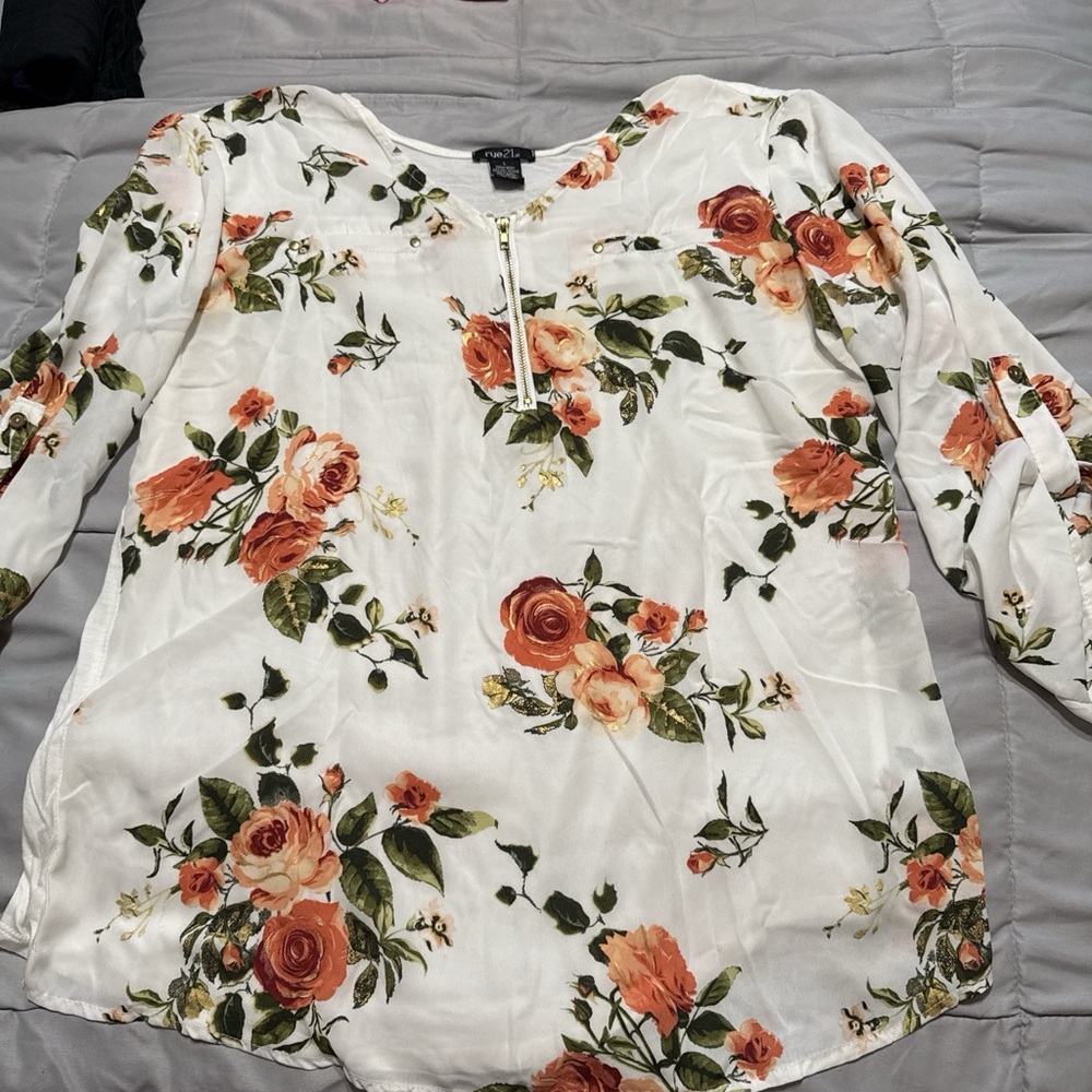 Rue21 White and Orange Floral Blouse